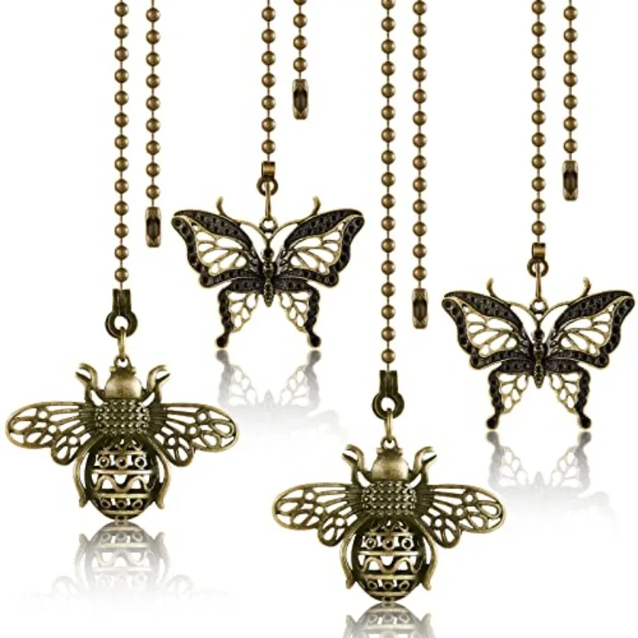 4 Pack Vintage Ceiling Fan Pull Chain Ornaments, 13 Inch Bee Butterfly Decorative Fan Chain Extenders, Bronze Pull Chains Decor