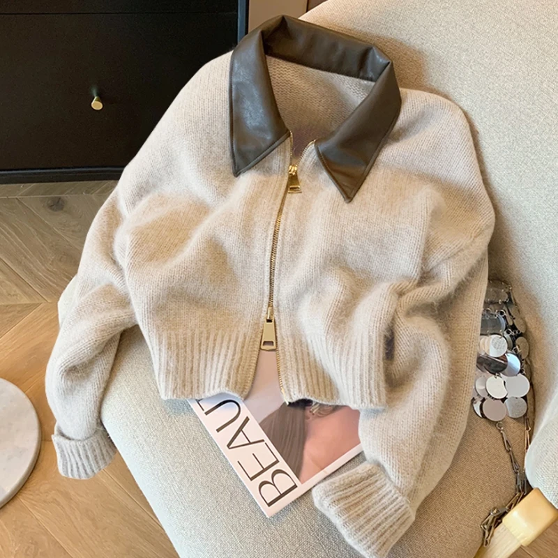 Panelled Zip-up Cardigan Women Lazy Warm Loose Casual Knitted Vintage Streetwear Coat Autumn Winter Sweater Fashion Soft Ulzzang