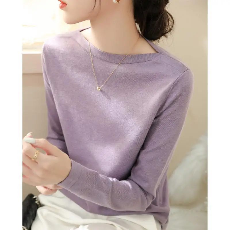 French Simple One-line Shoulder Collar Green Base Shirt 2023 Autumn/winter Sweater Long Sleeve Soft Knit Top