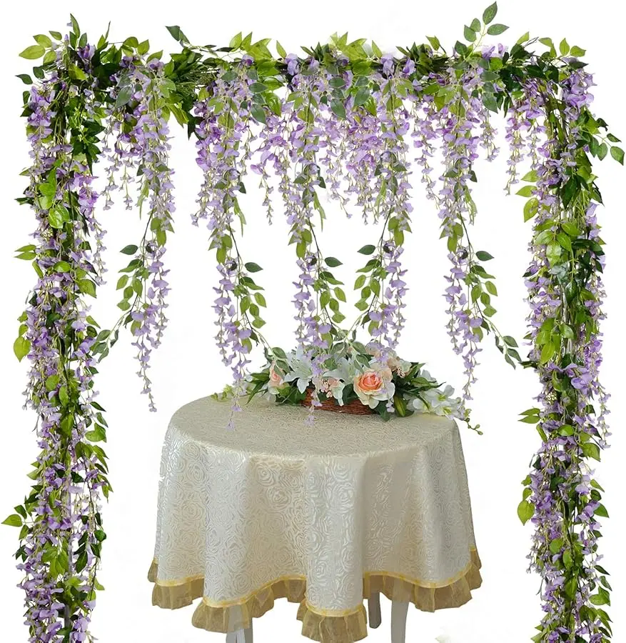 Wisteria Artificial Flowers Garland, 4 Pcs Total 28.8ft Artificial Wisteria Vine Silk Hanging Flower for Home Garden Outdoor Cer