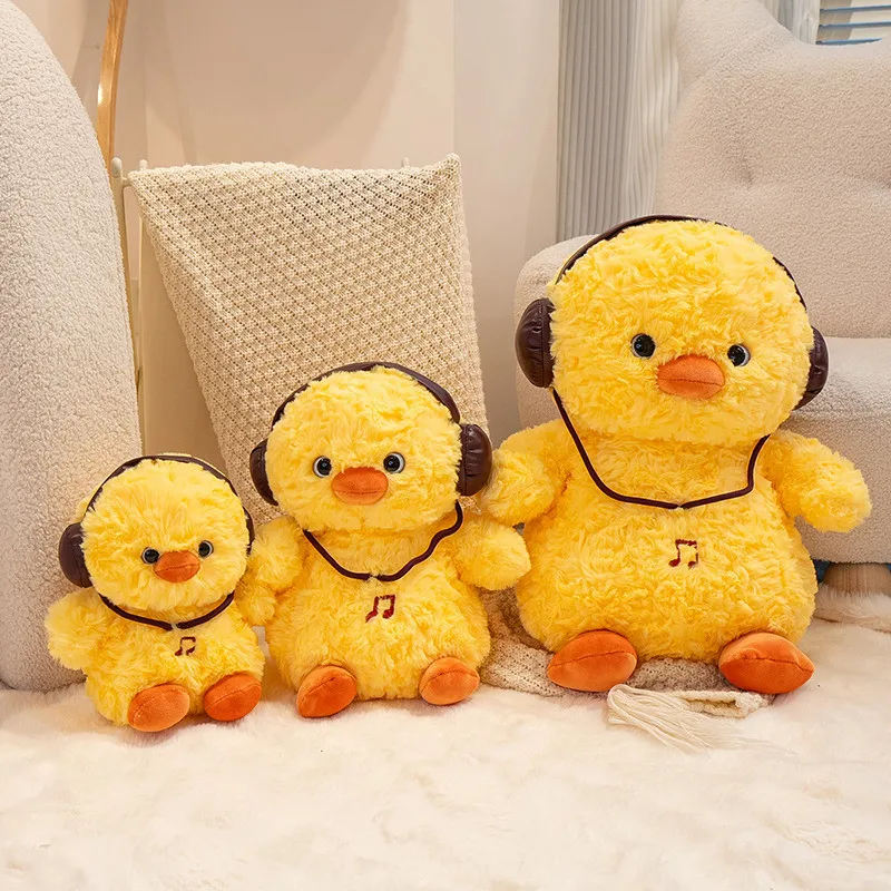 Yellow Chick Plush Stuffed Animal with Brown Headphones Music Note Embroidery Soft Fluffy Kids Birthday Gift 23cm 32cm 45cm