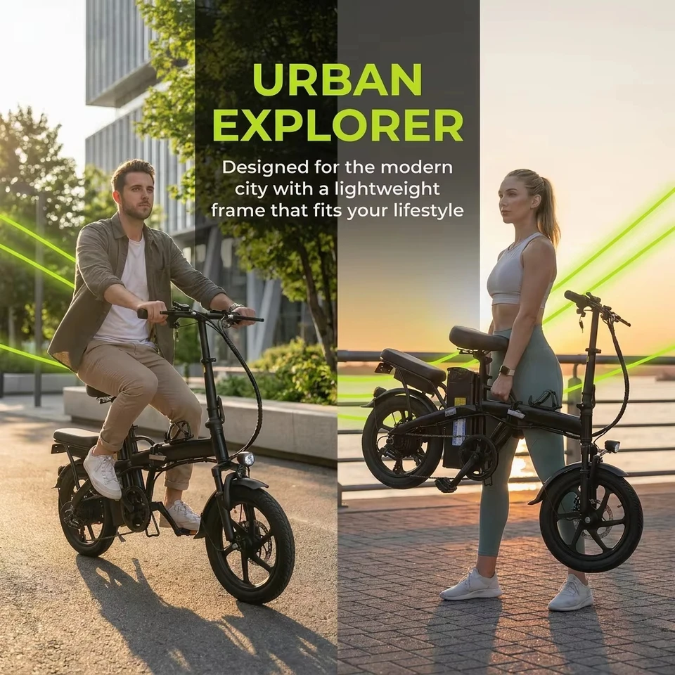 14 Inch Folding Electric Bike 500W Peak Brushless Motor Removable Lithium Battery Dual Disc Brake Portable Foldable Ebike Adult City Commuter E Bicycle