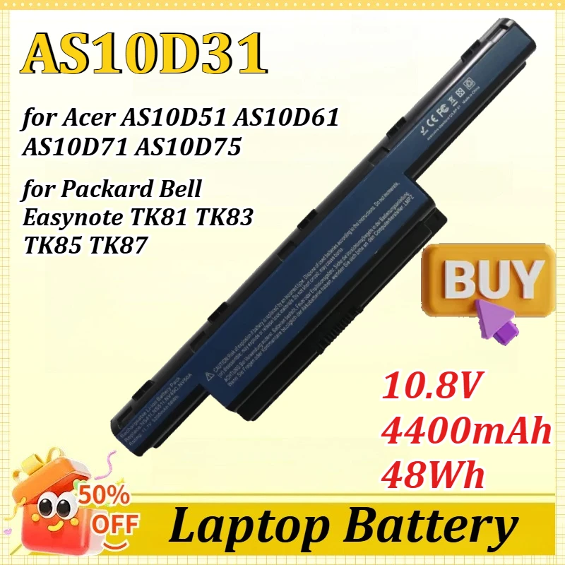

Аккумулятор AS10D31 10.8V 4400mAh 48Wh для ноутбуков Acer AS10D51, AS10D61, AS10D71 и Packard Bell Easynote TK81, TK83, TK85, TK87