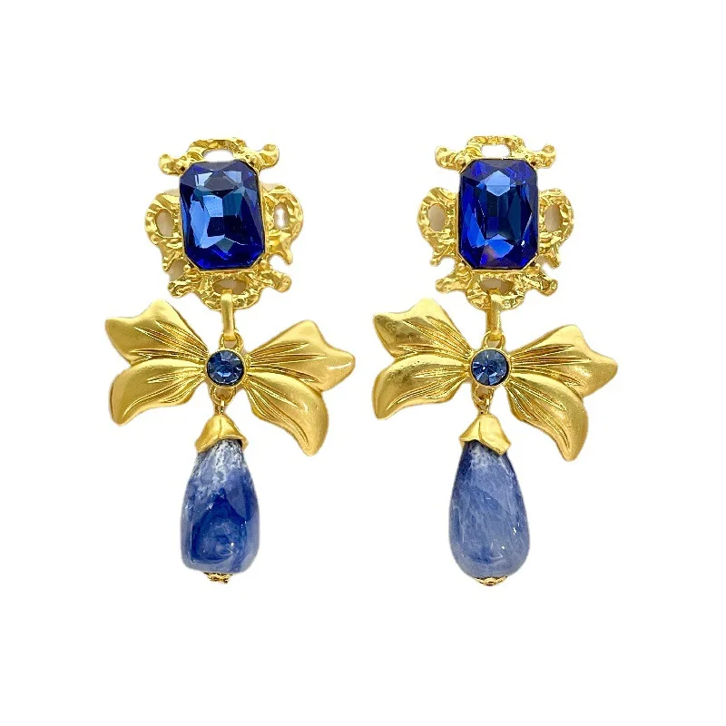 Vintage Retro Style Design Bowknot Earrings Rhinestone Handmade Blue Glass Geometric Dangle Drop Earrings for Women