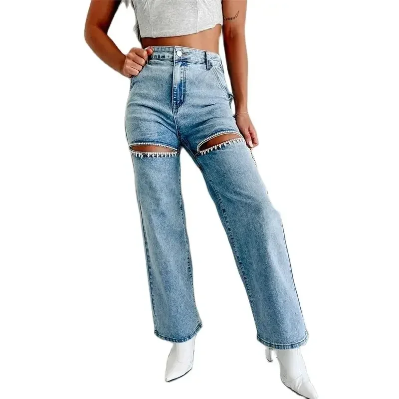 2024 moda coscia divisa Diamante decorazione Jeans dritti donna pantaloni Casual in Denim pantaloni a vita alta tendenza femminile Streetwear