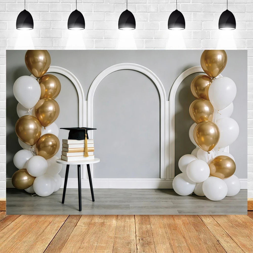 Kids Graduation Backdrop White Arch Door with Gold White Balloons, Cap and Books Decor for Preschool Party Photo Background