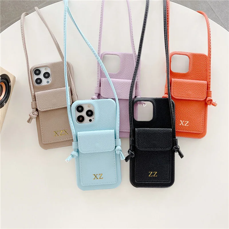 Personalized Gold Silver Letters Leather PU Card Holder Lanyard Hard Case For iPhone 14 13 12 11 15 Pro Max XS XR 14  Plus Cover