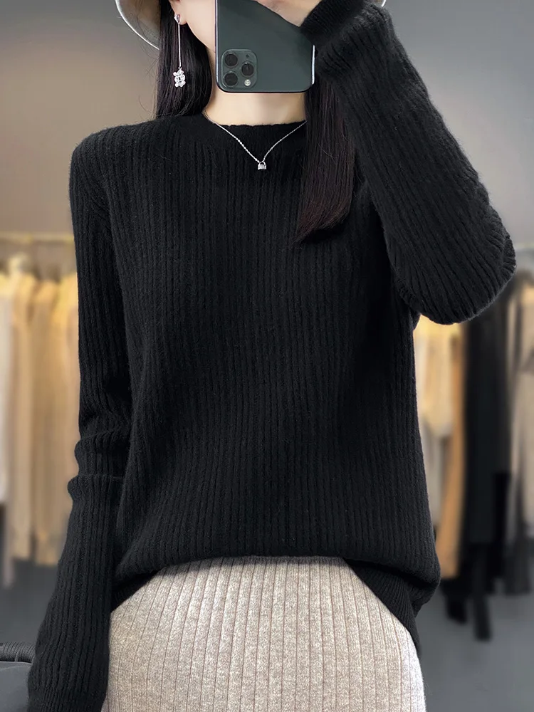 Women's Pullovers O-Neck Striped Sweater 100% Merino Wool Knitwear Autumn Winter Soft Casual Loose Basics Thick Tops