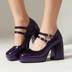 2025 Platform Heels African Woman Shoe Sexy Pump Square Toe Shallow Mouth Chunky Sandals Patent Leather Burgundy Crossdressers S