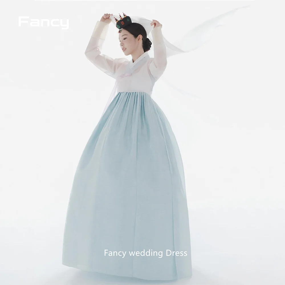 Fancy Korea Women Formal Outfit Dresses White And Blue Organza Long Sleeves Fairy Evening Gowns Photo Shoot Custom Made