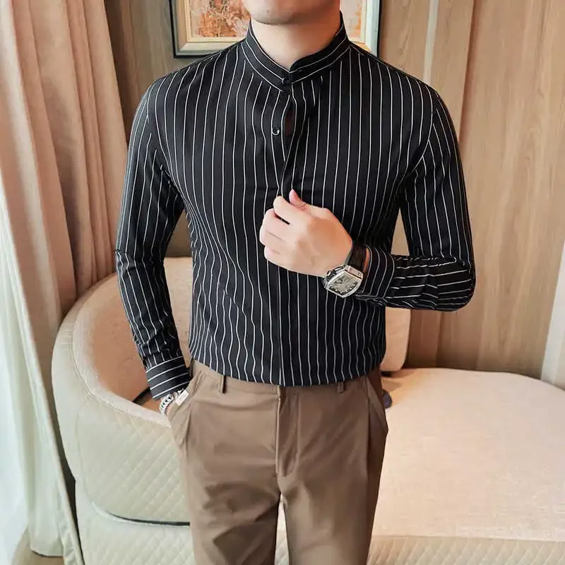 Korean Stand Up Collar Striped Shirts Men Slim Fit Casual Business Dress Shirt Long Sleeve Office Social Party Tuxedo Blouse