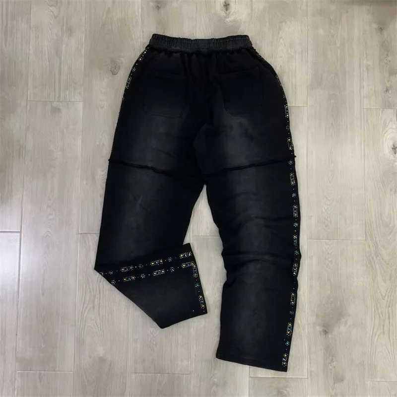 بنطال رياضي أسود فالي كبير الحجم من القطن الخالص بأحرف مثقاب ساخن فالي للرجال