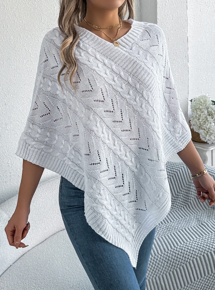 Women's Cape Shawl Knitted Sweater 2024 Winter Casual Solid Color V-neck Pullover Bat Sleeve Loose Cloak Sweater Jacket