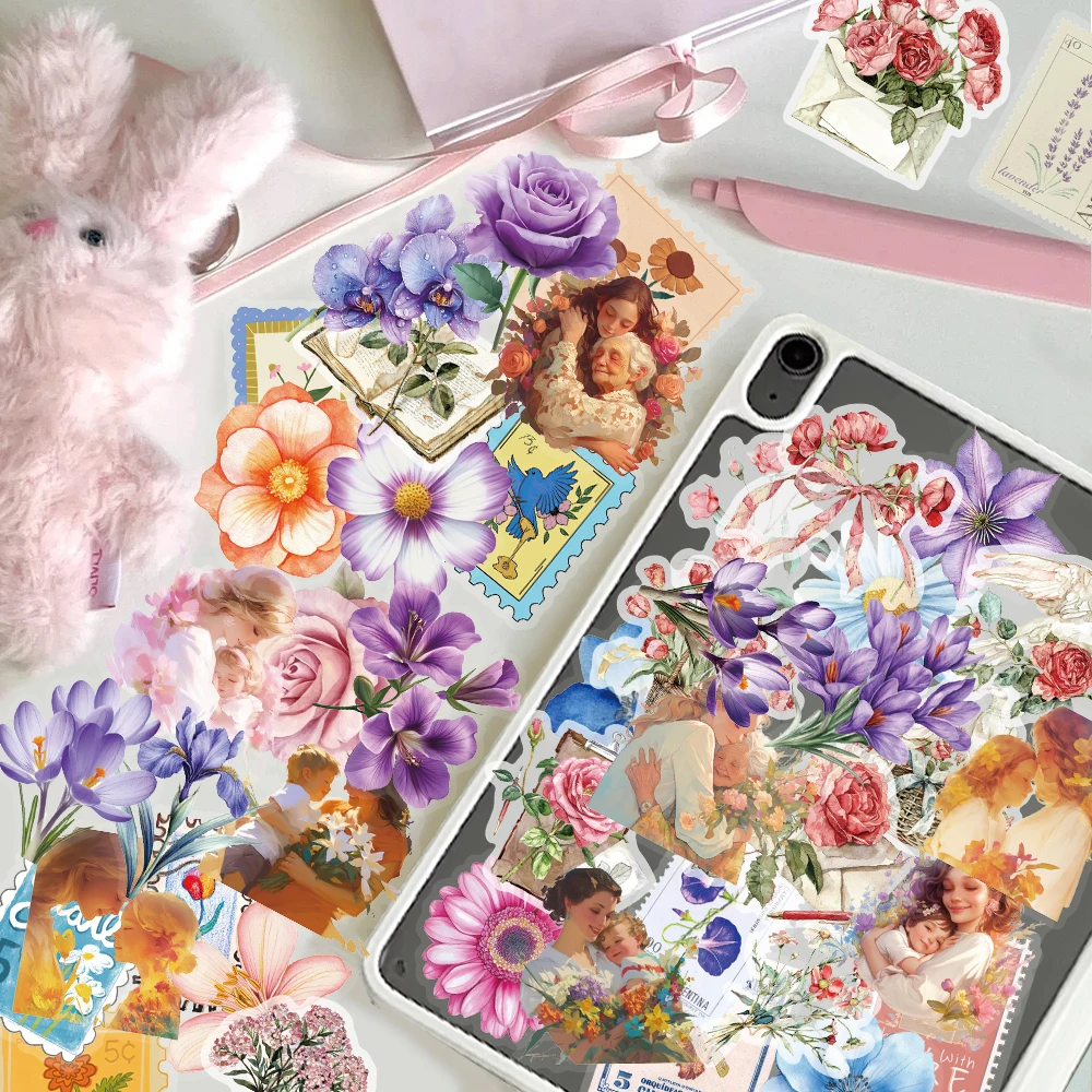 Flower Series 50 Piece Collection PET Material Stickers Retro Envelope Transparent Waterproof Graffiti Decoration DIY