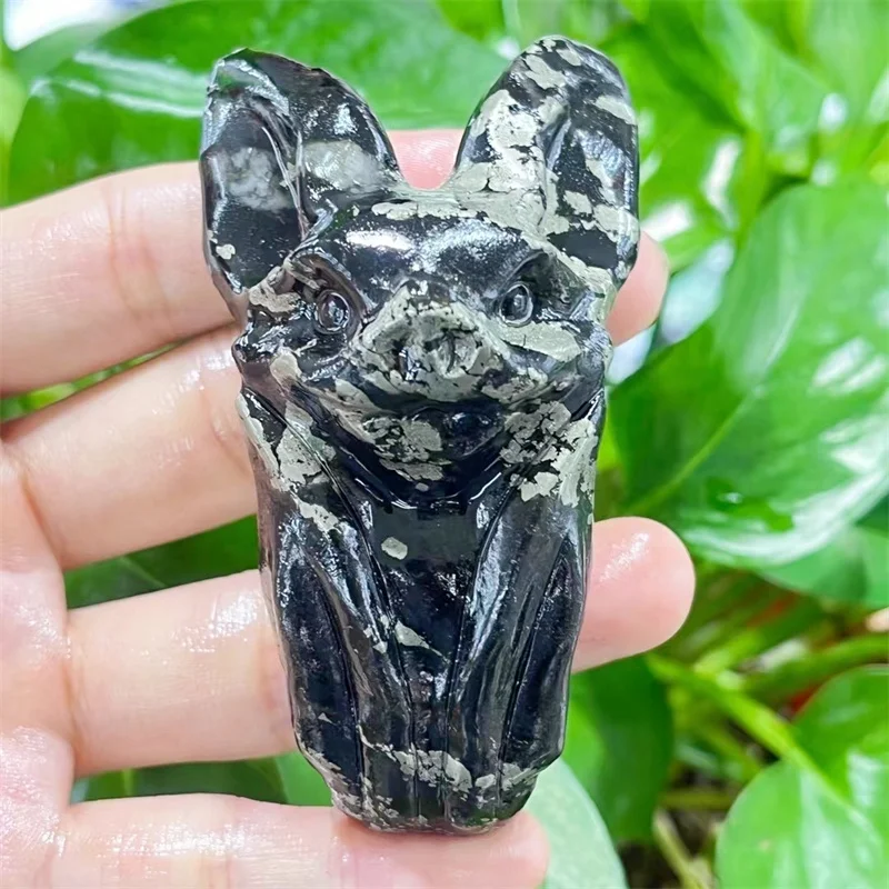 7.5CM Natural Pyrite Stone Handmade Carved Bat Polished Animal Powerful Statue For Home Decoration Halloween Gift 1pcs