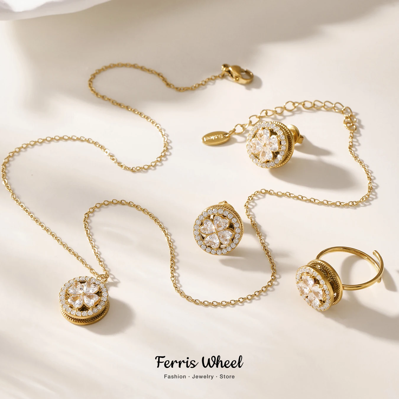 Rotatable Flower Luxury Zircon Necklace Earrings Ring For Women Gold Plated Chain Stainless Steel Zircon Inlaid Charm Jewelry