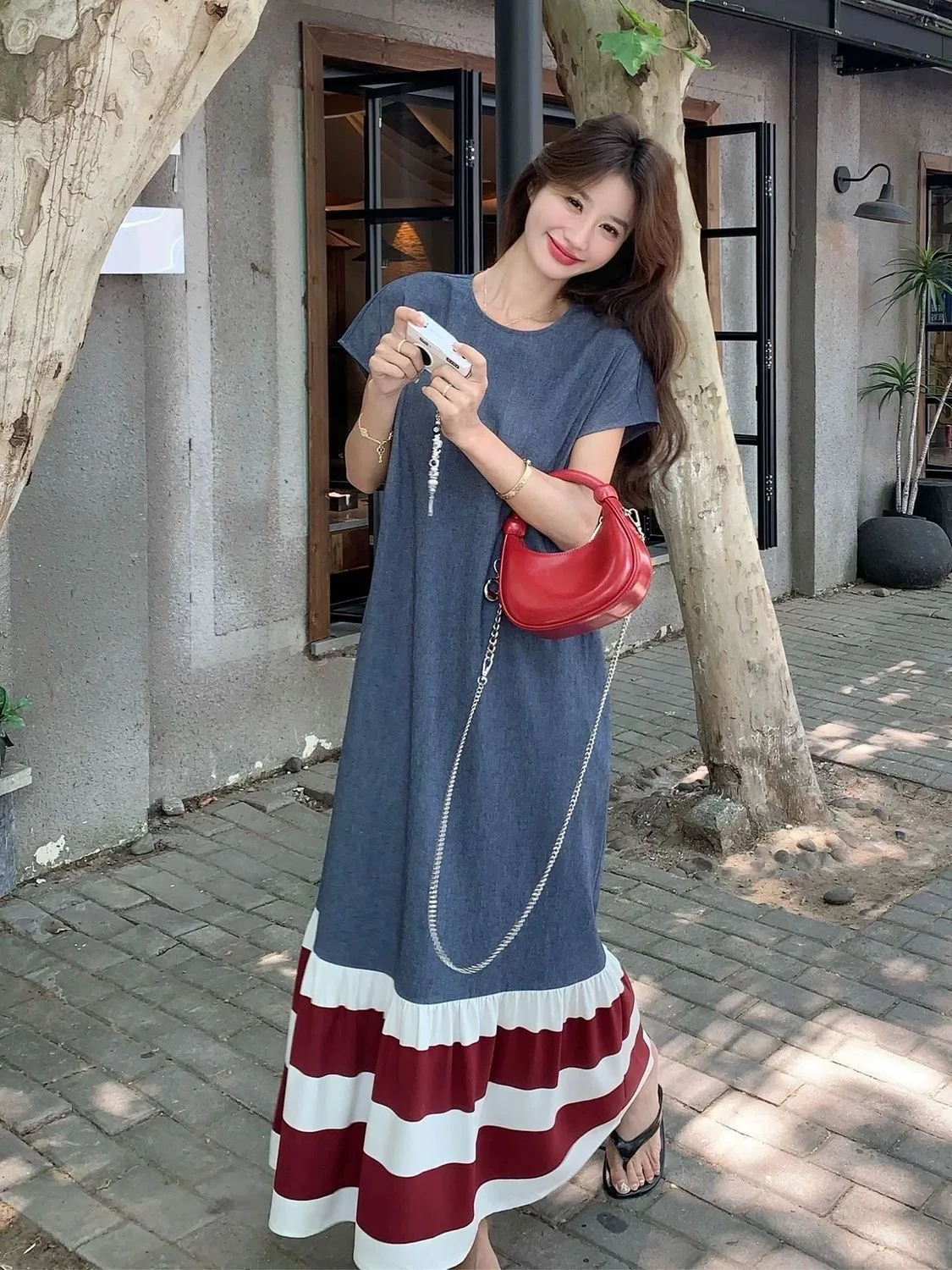 plus Size 300 Pounds Lazy Style Striped Color Block Long Dress Summer Loose Belly Covering Slimming Casual Women's Dress