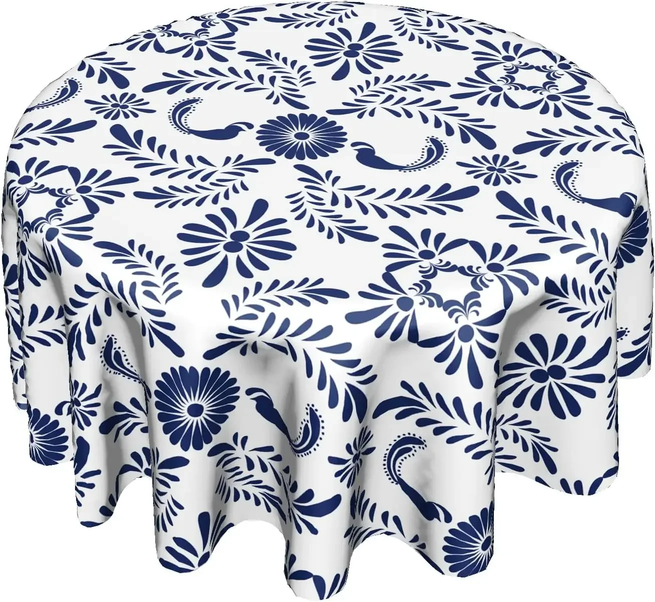 Blue and White Porcelain Mexican Talavera Circle Tablecloth - Floral Ethnic Art Party Dining Holiday Banquet Cover