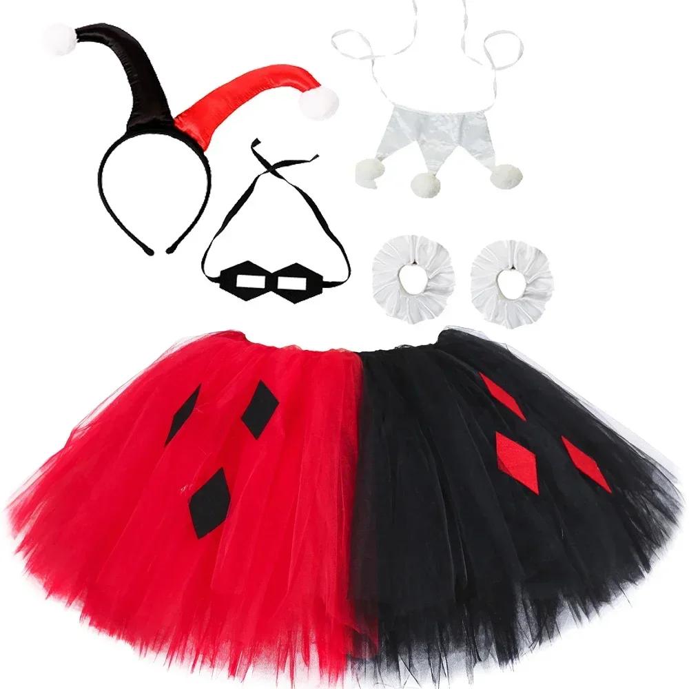 Black Red Clown Tutu Skirt Outfit for Girls Halloween Carnival Costumes Kids Birthday Party Tutu Fluffly Princess Half skirt Set