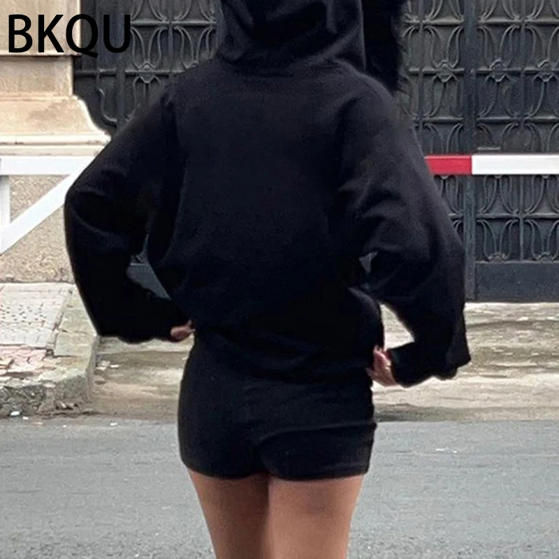 BKQU Gothic Zip Up Hoodies For Women Y2K American Long Sleeve Pockets Furry Hooded Sweatshirts Black Streetwear 2024 Fall Winter