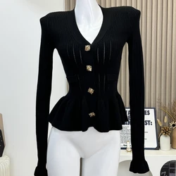 Korean Fashion Woman Knitted Cardigan Solid Color Design Ruffle Sweater Vintage Long Sleeve Cardigans Sexy Hollow Knitwear 2024