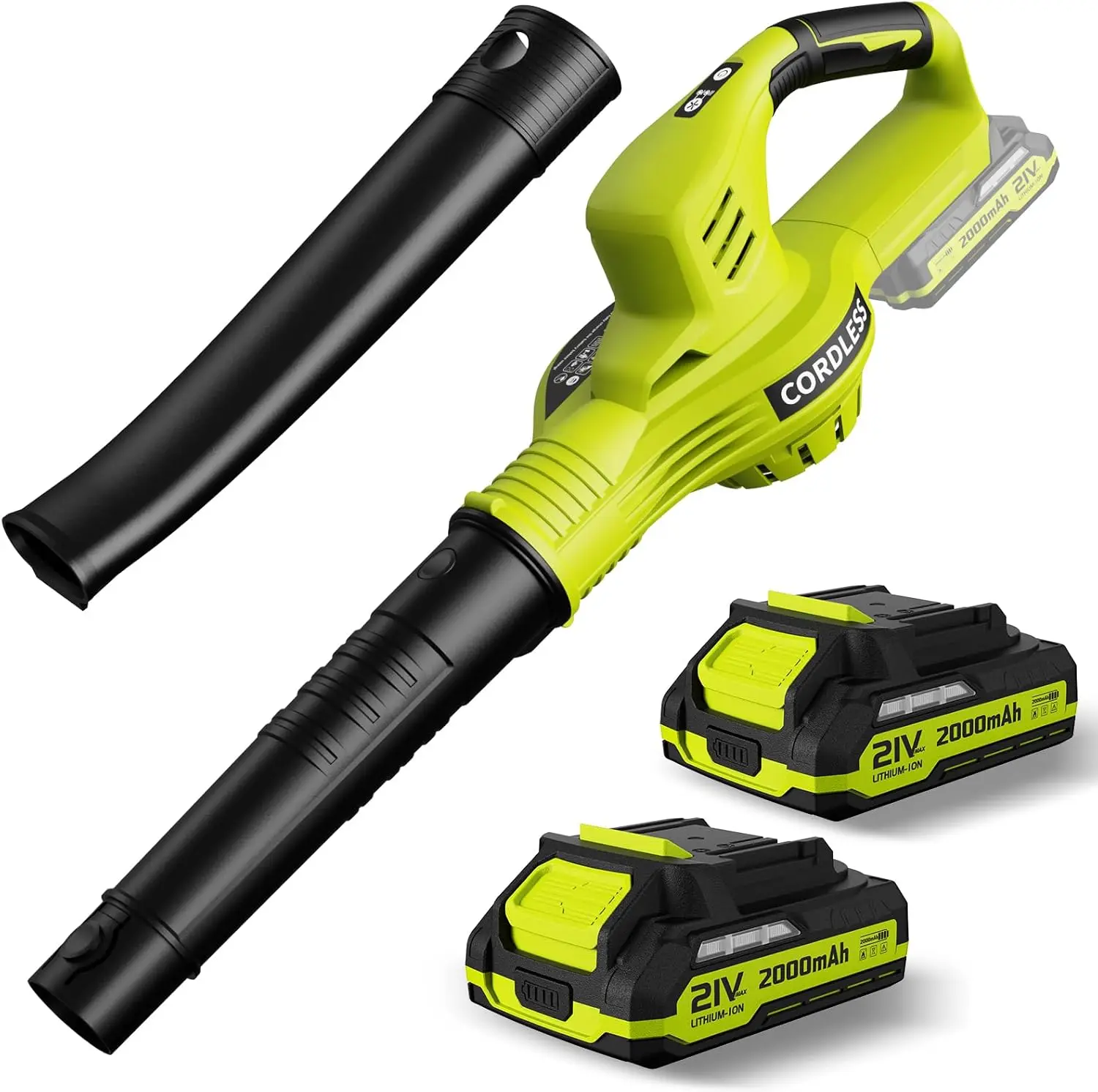 

21V Cordless Leaf Blower with 2 Batteries & Charger, 2 Speeds, 2.0Ah Lightweight for Lawn, Patio, Leaves