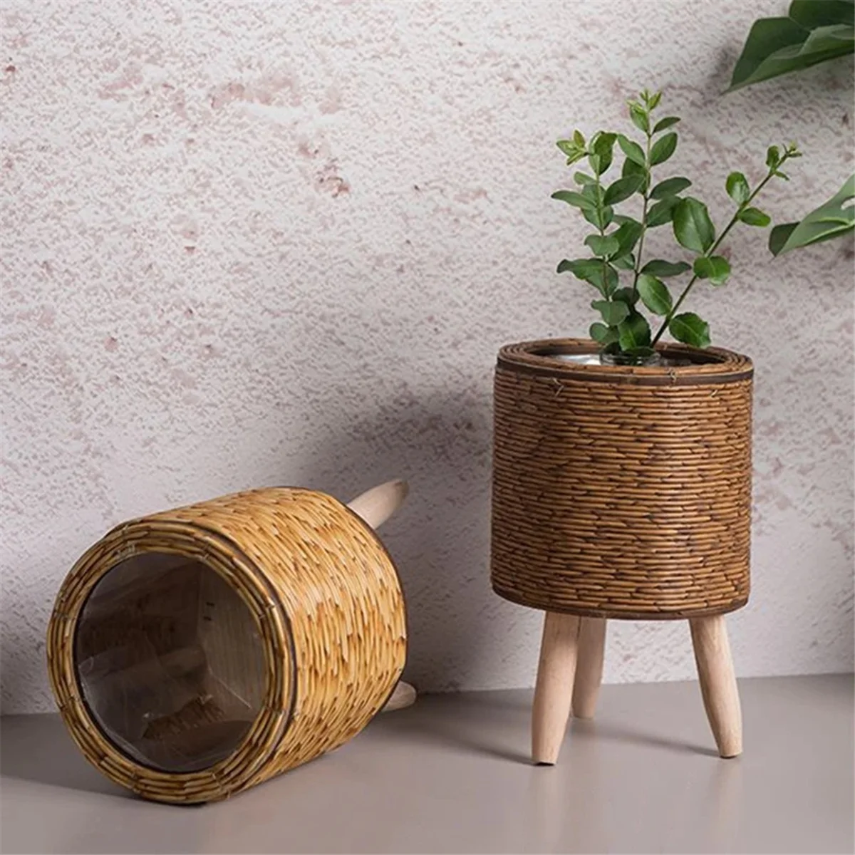 Vintage Imitation Rattan Woven Flower Shelf Planters Handmade Storage Basket with Wooden Legs Plant Pot Stand Holder,F