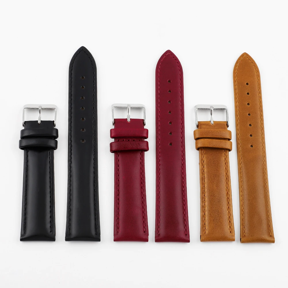 

Vintage Genuine Leather Watchband 20mm Black Red Tan Watch Strap Handmade Stitching Replacement Watch Accessories for Men