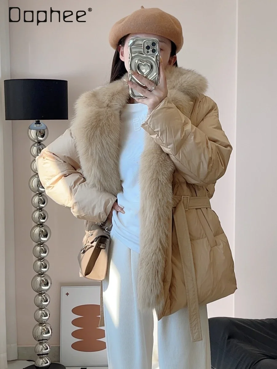 

Fox Fur Collar White Goose Down Jacket Women with Belt Solid Color Slim Warm Parkas Luxury 2024 New Winter Outwear Female