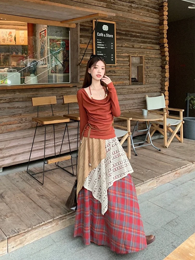 

High Waist Plaid A-Line Skirt for Women Autumn Design Sense Asymmetrical Color Blo Loose Pleated Hip Concealing Skirt
