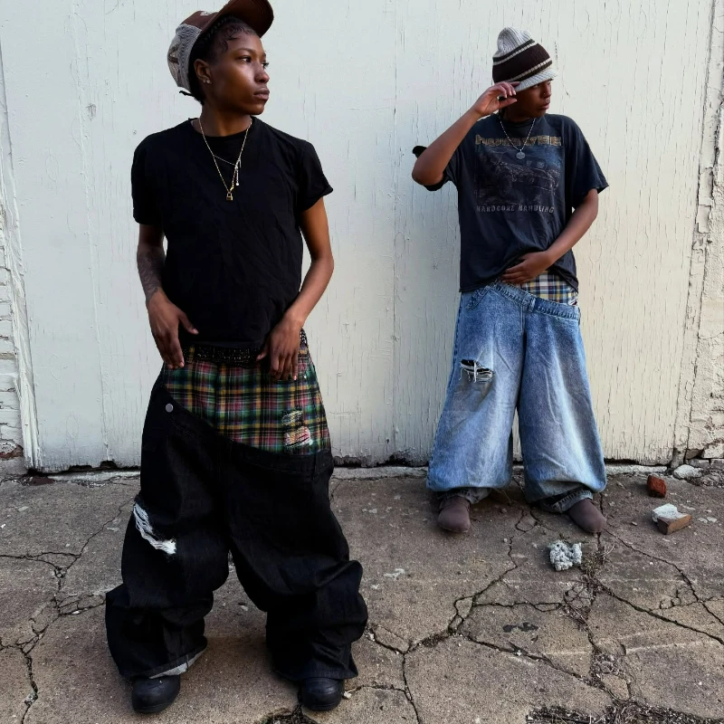 Jeans baggy Y2K à coupe oblique, patchwork à carreaux rétro, pantalon large pour hommes et femmes, streetwear hip-hop américain, jeans décontractés unisexes