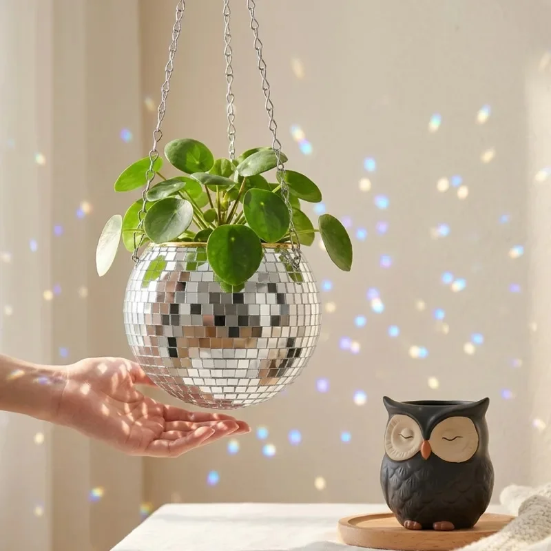 Mirror Disco Ball Hanging Planter Plastic Sparkly Pot For Christmas Party Table Decor Garden Balcony Centerpiece For Women Teens