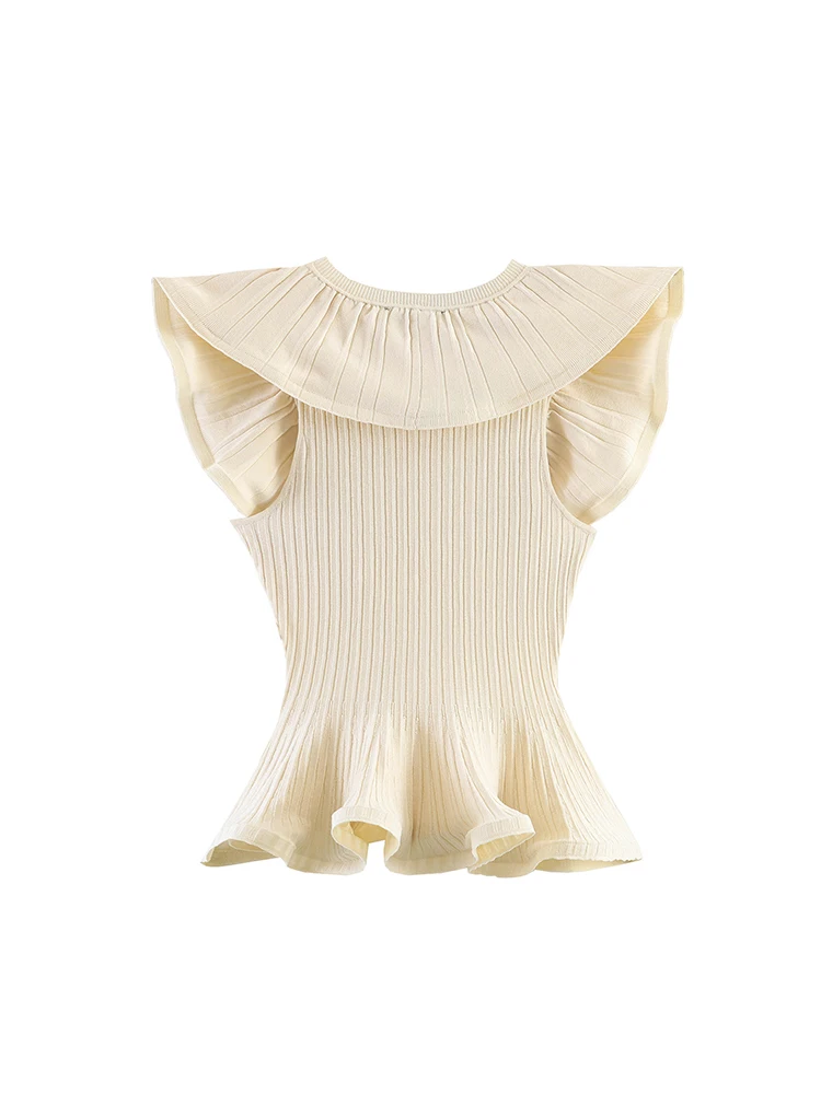 TFMLN New Women's Knitted Tops Ruffles Sleeveless Waist Cinching Top Round Neck Solid Slim Knitwear Elegant Female Partywear - view 4