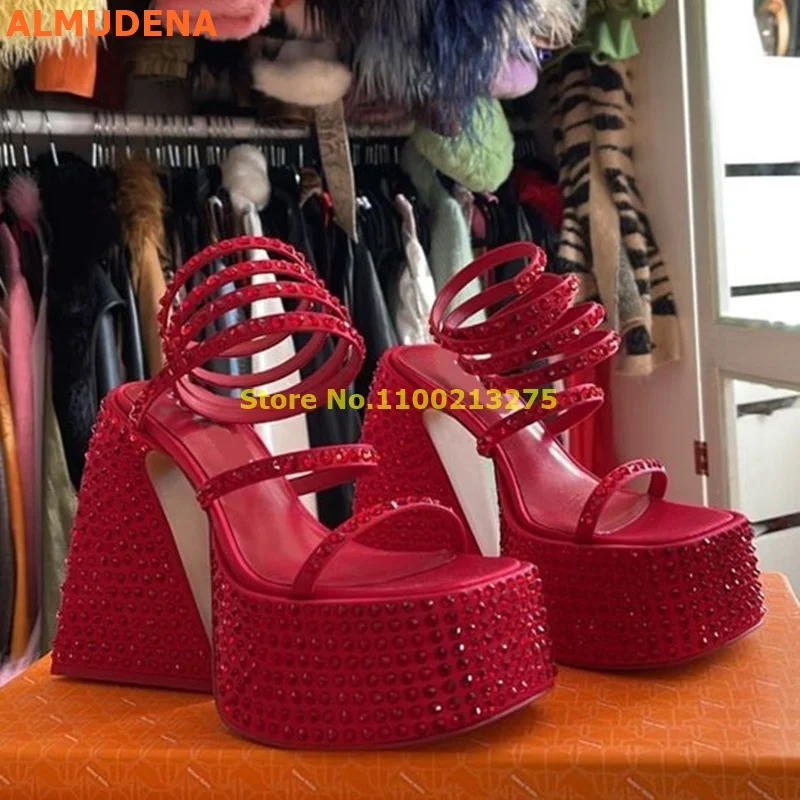 

Red Crystal Twine Platform Sandals Block Heel 2024 New Arrivals Square Toe Sandals Crystal Studded Shoes Wind Summer