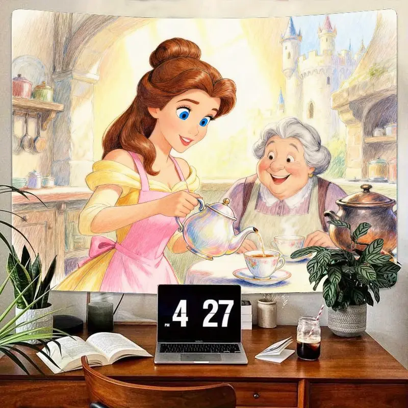 

1 шт., гобелен Disney Princess Belle Tea Time, настенное искусство «Красавица и чудовище», уютный декор для гостиной, спальни для девочек и фанатов