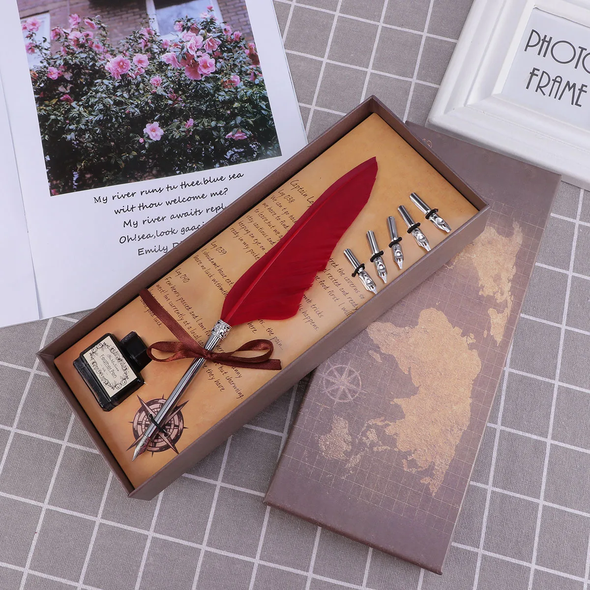 

1 комплект, набор ручек, винтажный ретро, элегантный письменный инструмент, подарочная коробка с чернилами для свадьбы, домашнего офиса, винно-красный цвет