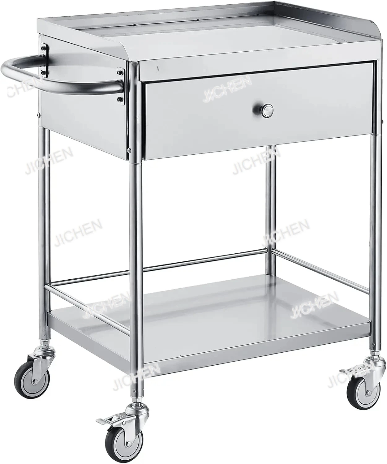

JC Medical Cart, 2-Tier Stainless Steel, 100 Kg Capacity, 360° Silent Wheels, Drawer, Lab, Clinic, Kitchen, Salon