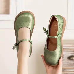 New green mary jane flats women's wide toe shoes ladies soft loafers split leather shallow shoes mom nurse flats woman moccasin
