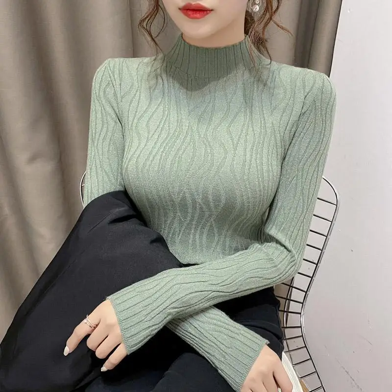 Autumn Winter Slim Simplicity Solid Long Sleeve Knitted T-shirt Women\'s Clothing Casual Korean Half High Collar Tops for Female