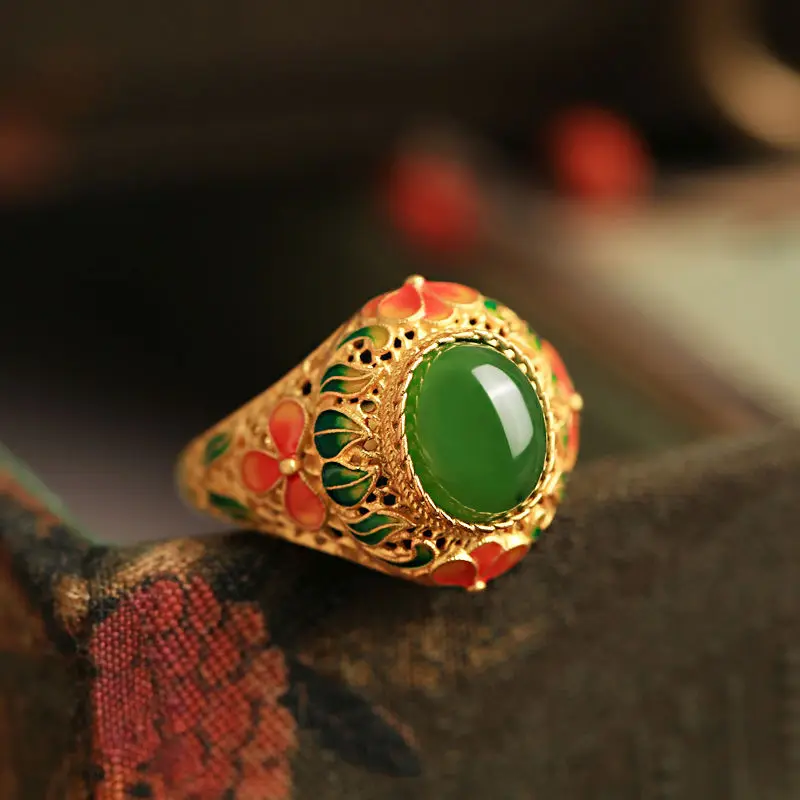 

24K Ancient-style palace-inspired, imitation Hetian jade enamel lotus peony leaf ring for women with adjustable gemstone 9999