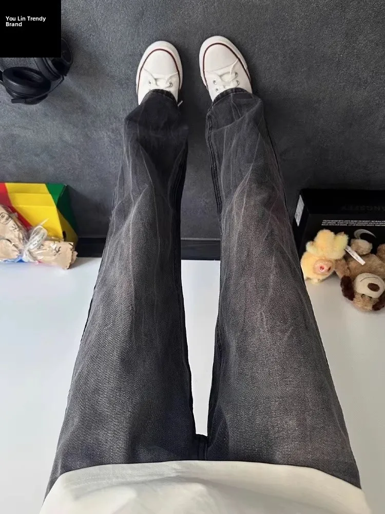 

Мужские джинсы из черного американского бамбукового волокна, прямые, осенние, стильные, зауженные, винтажные, с эффектом потертости, со средней посадкой