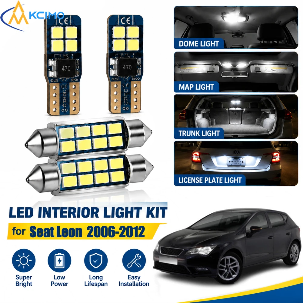 For Seat Leon MK2 1P 2006-2012 Canbus Interior LED Light Kit, 6000K Dome Vanity Reading Lamps, Error‑Free Easy Installation
