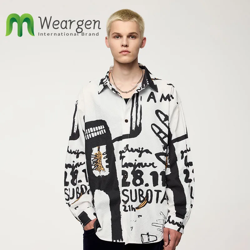 Men Hand-Painted Graffiti Digital Printed Shirt Autumn and Winter New Street Fashion Seersucker Long Sleeve 7091W24