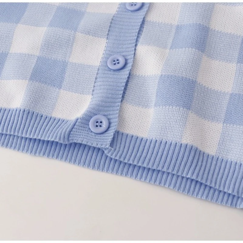 2026 New Autumn Winter Womer Knitwears O-neck Long Sleeve Knitted Sweaters Single Breasted Hit Color Plaid Short Cardigans Tops