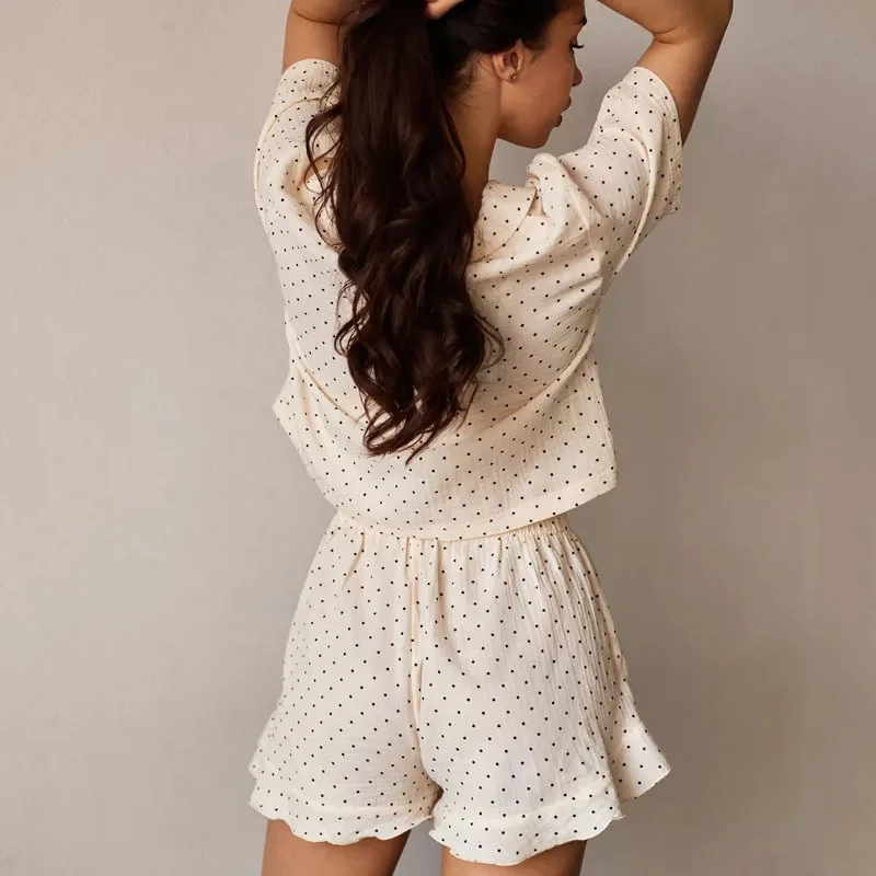 Women's Sleepwear Set With Sweet Polka Dot Short Sleeved Shorts, 2-piece Fashion Set, Girls' Sleepwear