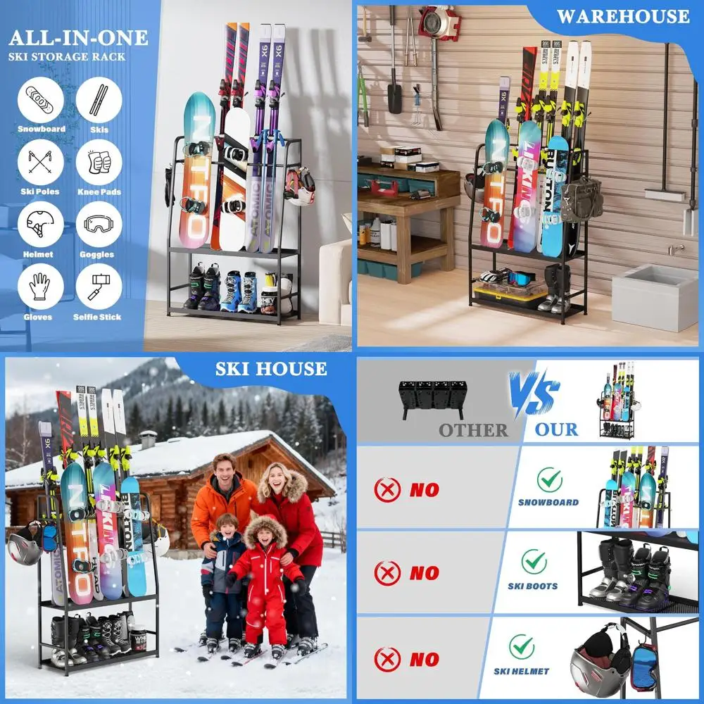 

Durable Steel Ski and Snowboard Storage Stand for Garage, Holds Skis, Boots, Poles, Helmets, and More