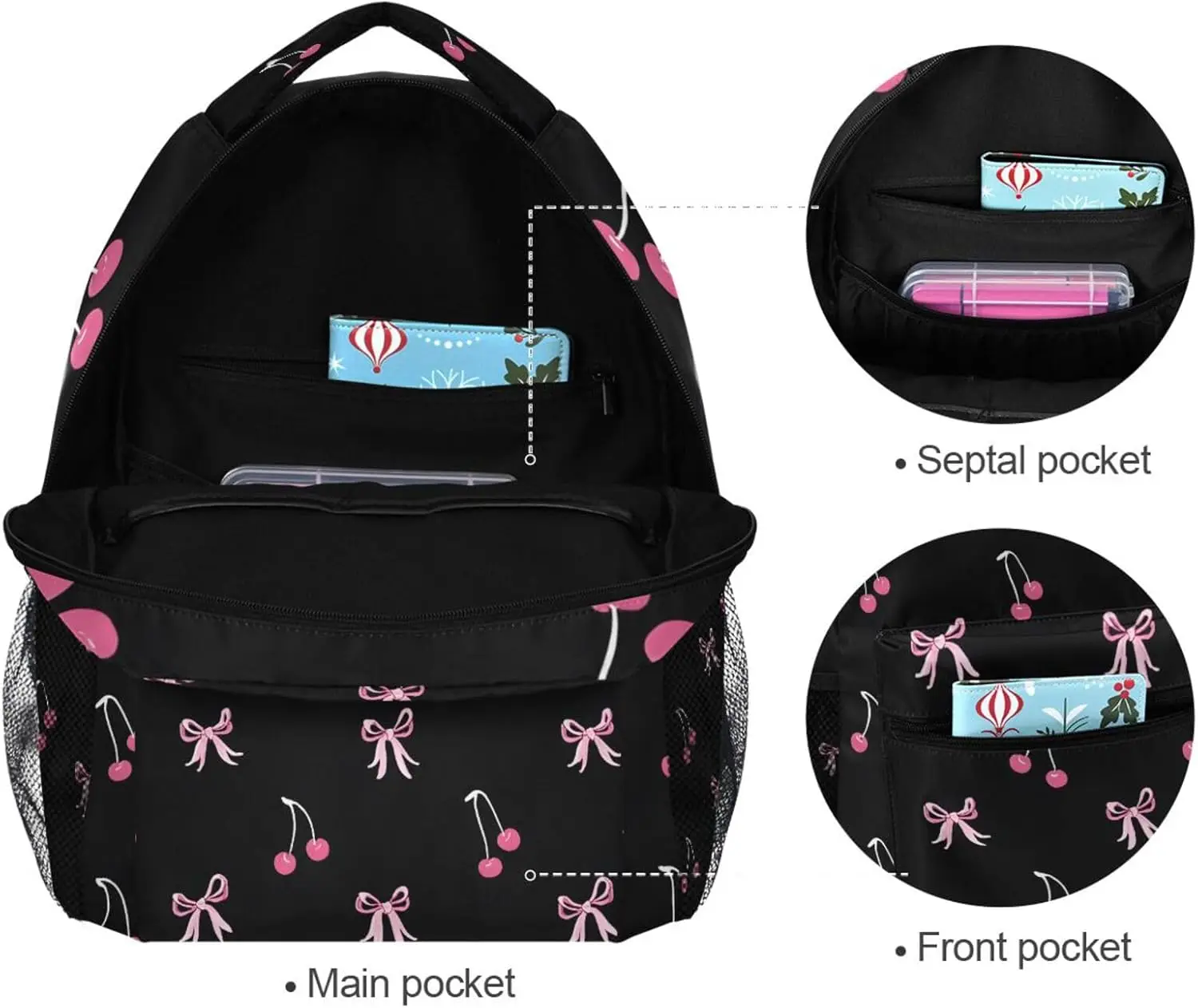 Schwarz-rosa Schleife-Kirsch-Rucksäcke für Mädchen und Jungen, Grundschultasche, Kinder-Büchertasche, personalisierter Reise-Tagesrucksack der 3., 4. und 5. Klasse