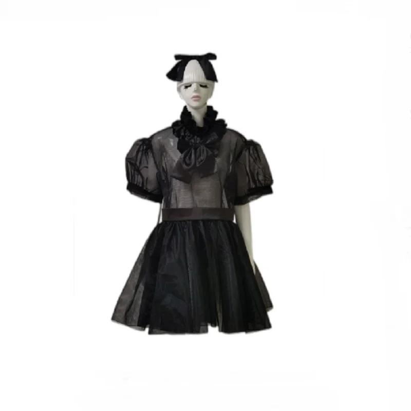 

French Sissy Maid Lockable Beautiful Fluffy Gothic Black Organza Dress Uniform Role Play Costume Customization