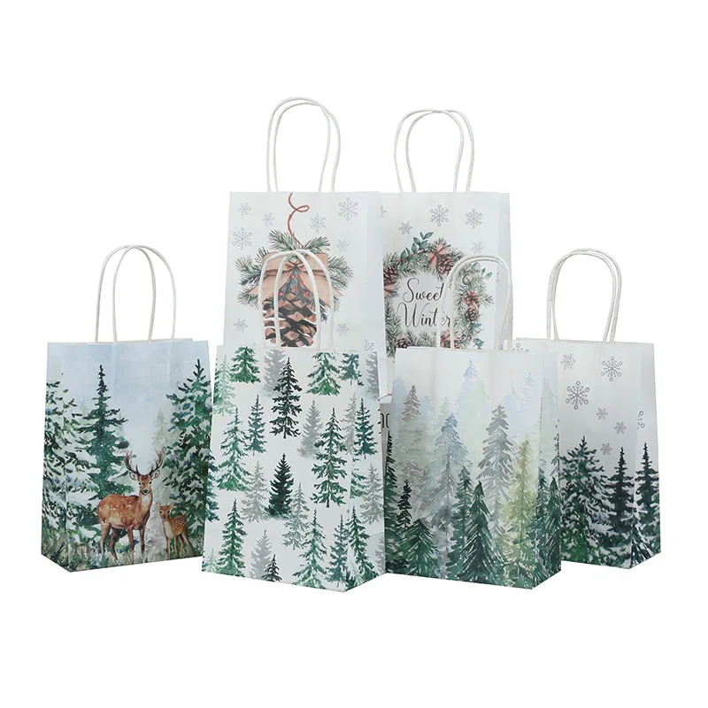 6/12/18 stücke Weihnachten Geschenk Taschen Elch Wald Weihnachten Baum Kraft Papier Süßigkeiten Geschenk Verpackung Tasche mit griff Neue Jahr Party Decor Versorgung – Detail 5