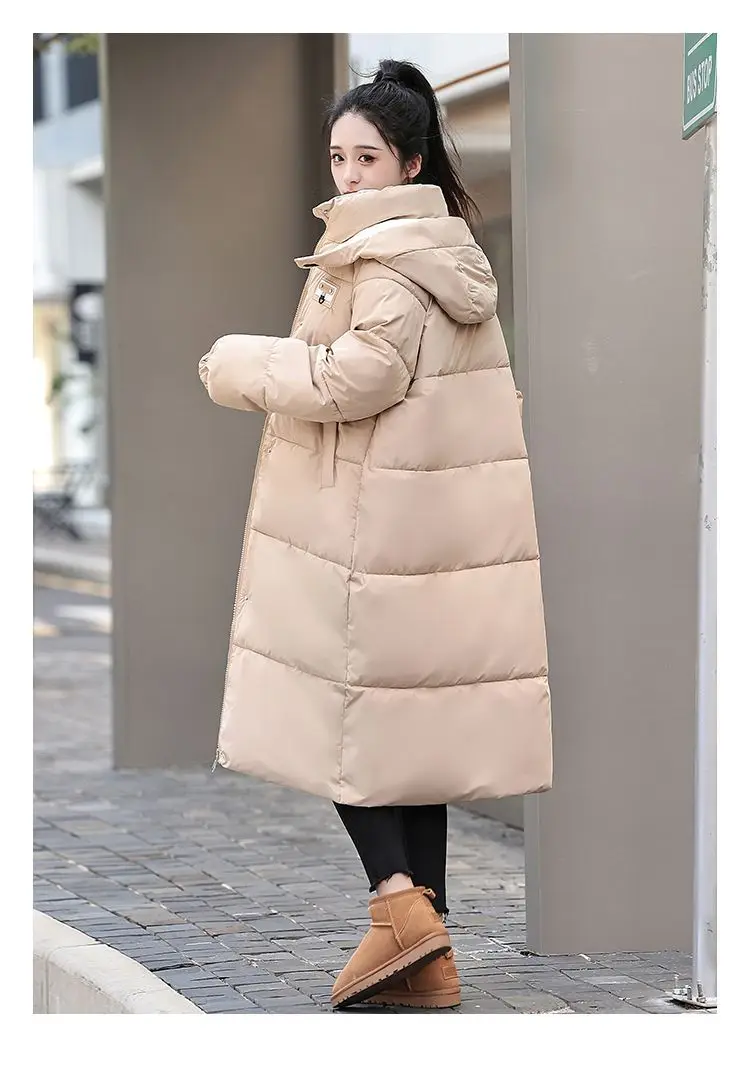 Long Hooded Puffer Coat Women Contrast Collar Warm Quilted Parka Zip‑Up Loose Windproof Winter Outerwear Ladies Padded Jacket